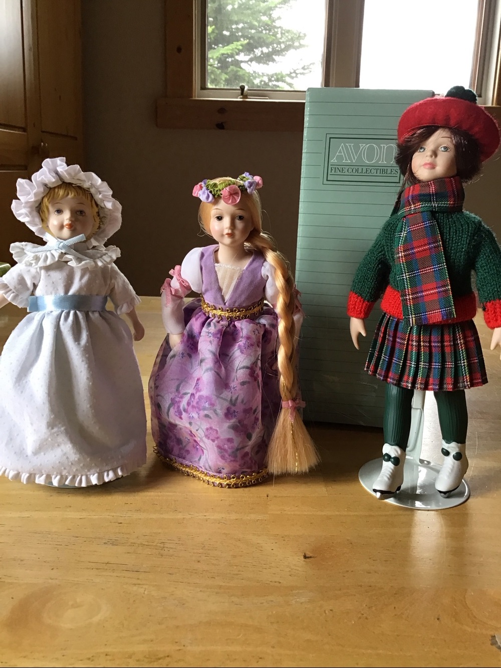 Avon Doll Trio Featuring Purple Floral Dress, White Gown & Green Tartan Outfit